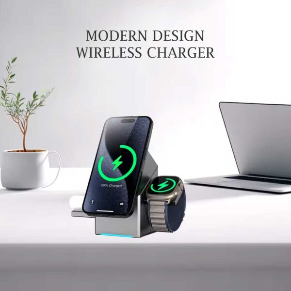 New Generation 3-in-1 Magnetic Pop-up Design Wireless Charger | High-tech Auto Rotation Charging Station | 15W Fast Charging Compatible with iPhone, Watch, and Earbuds - Image 5